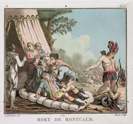 Louis Joseph de Montcalms død ved belejringen af Quebec, 1759, graveret af Jean Baptiste Morret (fl.1790-1820), 1789 (farvet litho) (se også 139883)